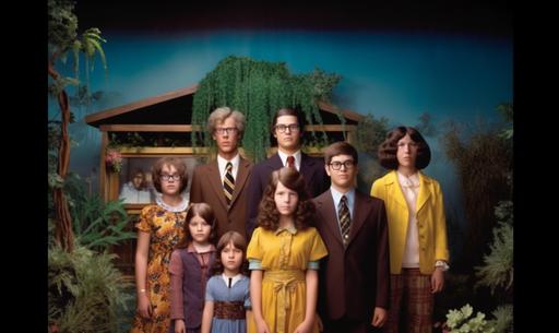 time-lapse motion blur diorama family photo by Olan Mills and Wes Anderson --ar 5:3