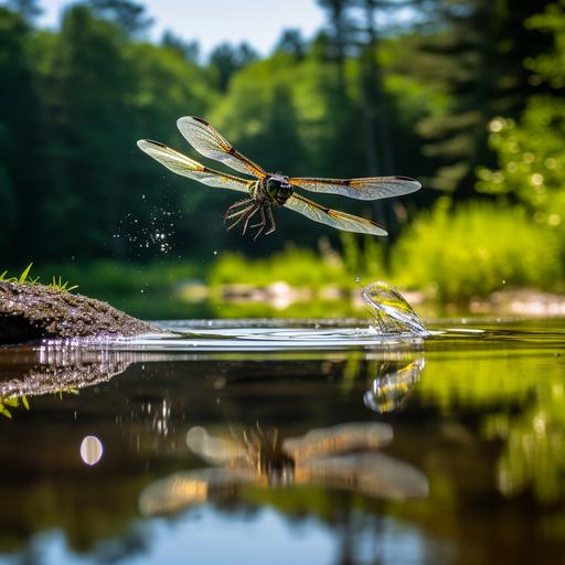 time-lapse motion blur dragonfly flying quickly::1 largemouth bass jumping out of the water to eat the dragonfly::2 --style raw --s 111