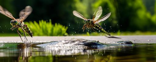 time-lapse motion blur dragonfly flying quickly::1 largemouth bass jumping out of the water to eat the dragonfly::2 alligator snout --style raw --s 111