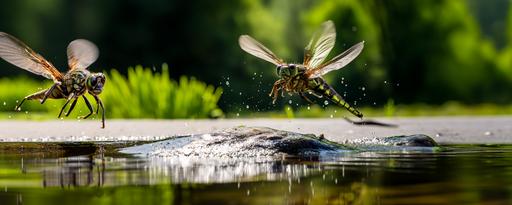time-lapse motion blur dragonfly flying quickly::1 largemouth bass jumping out of the water to eat the dragonfly::2 alligator snout --style raw --s 111