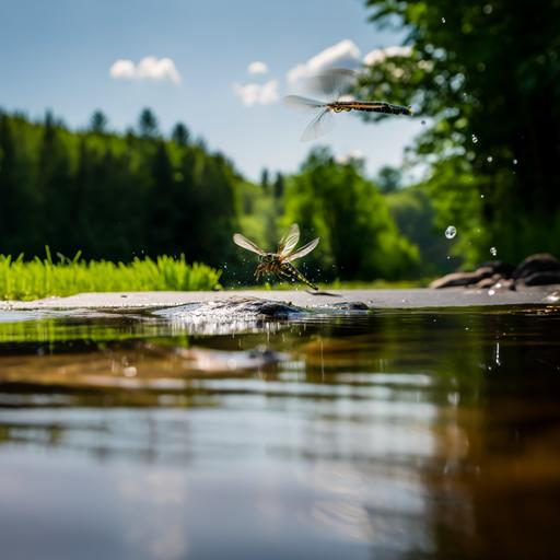 time-lapse motion blur dragonfly flying quickly::1 largemouth bass jumping out of the water to eat the dragonfly::2 --style raw --s 111