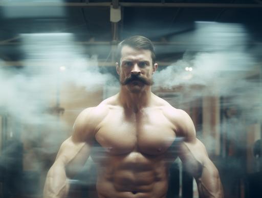 time-lapse motion blur of people training in a gym, double exposure of muscular man with enormous moustache flexing muscles and looking at viewer, hairy chest, suspenders, art film, criterion collection, color negative film, film grain, halation, light bloom, misty --ar 4:3