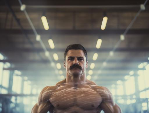 time-lapse motion blur of people training in a gym, double exposure of muscular man with enormous moustache flexing muscles and looking at viewer, hairy chest, suspenders, art film, criterion collection, color negative film, film grain, halation, light bloom, misty --ar 4:3