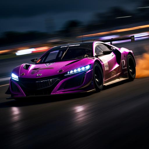 time-lapse motion blur of purple NSX crossing the finish at Le Mans