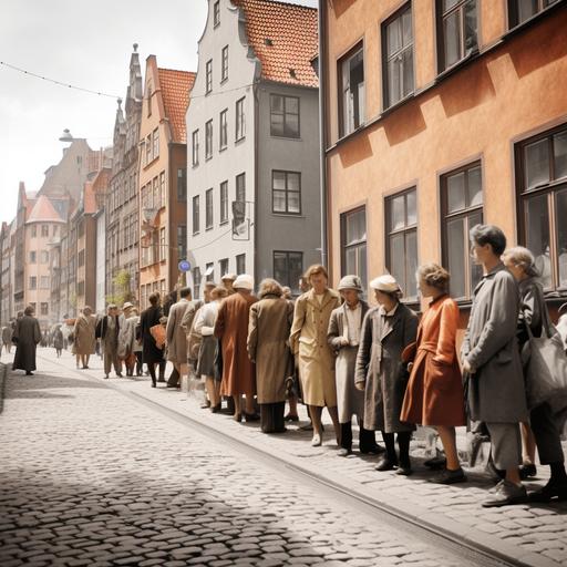 time travelers from year 1400 get lost in Malmö. Sweden in 1950. Photo realistic, summertime, many people in 1950 eating ice cream, and it chocks the time travalers. The time travelers are both pagents and nobels from year 1400, they use winter robes while people in 1950 uses shorts or short skirt