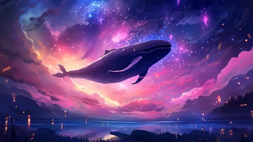 time travelling sky whale, pink and purple skies with stars, in the style of detailed fantasy art, hyperrealistic, --ar 16:9