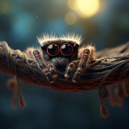 tinamedek — Today at 3:03 PM cute little cartoon jumping spider with 8 eyes, sleeping in hammock made of spiderweb material