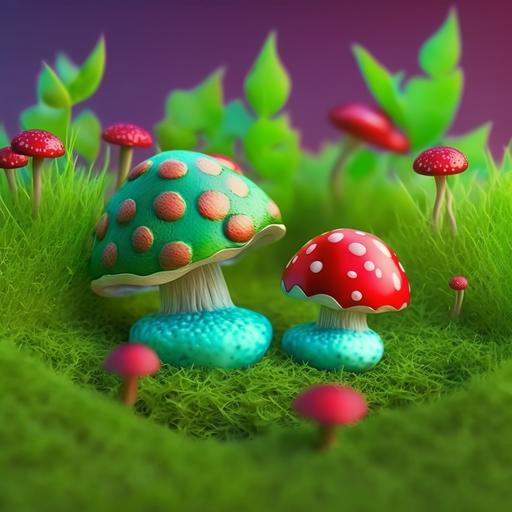 tiny alien mushrooms on light green grass ground with raspberries, cartoon style, realistic, colorful scene, upscale, 8k