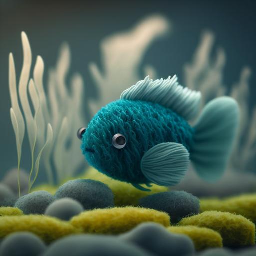 tiny cute 3D felt fiber fish, made from Felt fibers, a 3D render, trending on cgsociety, rendered in maya, rendered in cinema4d, made of yarn, square image