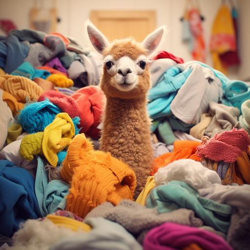 tiny cute alpaca wearing a colorful knitted body suit, looking with dismay at an enormous pile of laundry. The laundry is baby clothes and other clothes, and there are many knitted garments in the pile. The setting is in a white tiled room,