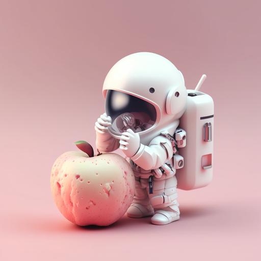 tiny cute isomeric mini astronaut in white suit holding a pink apple in its hand