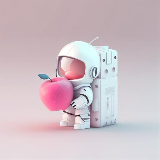 tiny cute isomeric mini astronaut in white suit holding a pink apple in its hand