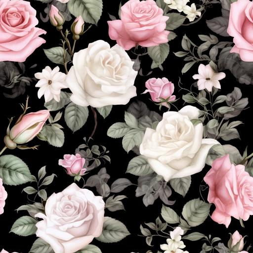 tiny floral pattern, black barground, white and pink roses, photo realistic, repeating pattern, seamless pattern, --tile
