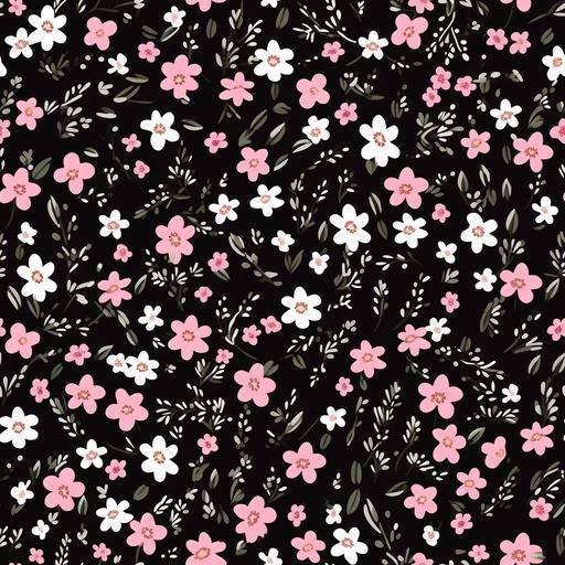 tiny floral pattern, black barground, white and pink flowers, repeating pattern, seamless pattern, --tile