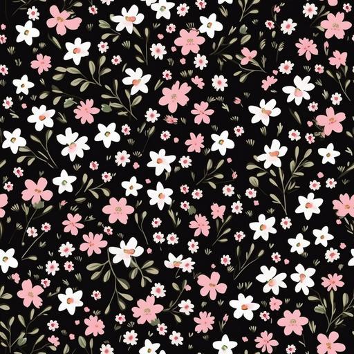 tiny floral pattern, black barground, white and pink flowers, repeating pattern, seamless pattern, --tile