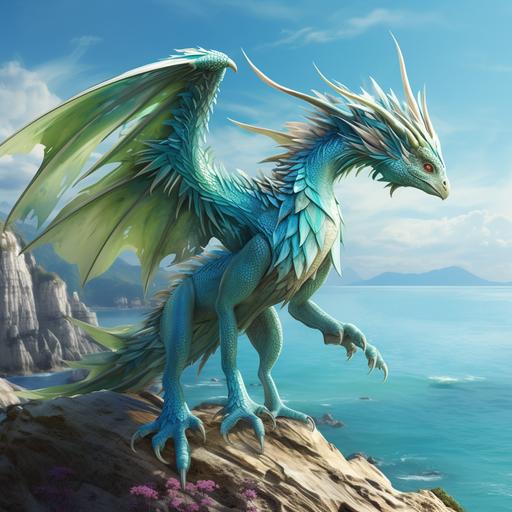 tiny flying lizard familiar in blue green color wings with coast ocean elements and coastal background epic fantasy