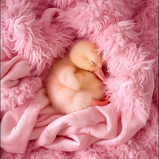 tiny pink adorable baby duck sleeping in the graffiti blanket , fluffy , knolling view by Anne Geddes superb quality photography --v 6.0