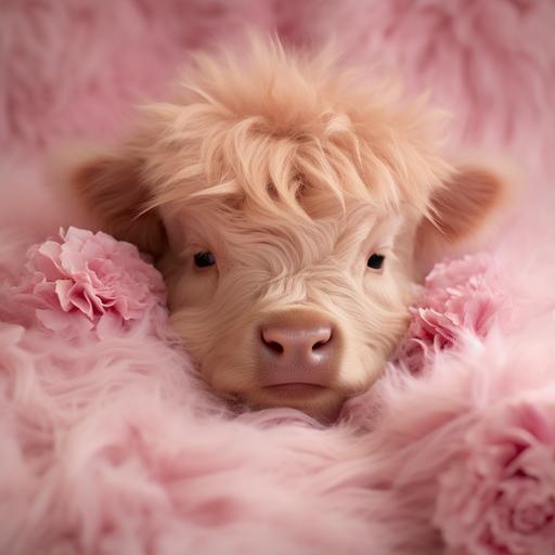 tiny pink highland cow sleeping in the chalcedony , fluffy , knolling view by Anne Geddes superb quality photography