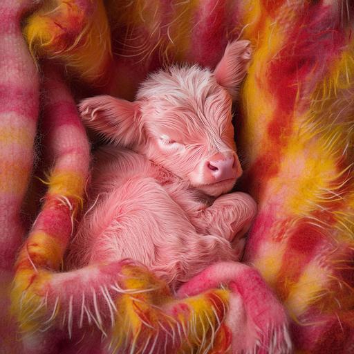 tiny pink highland cow sleeping in the graffiti blanket , fluffy , knolling view by Anne Geddes superb quality photography --v 6.0