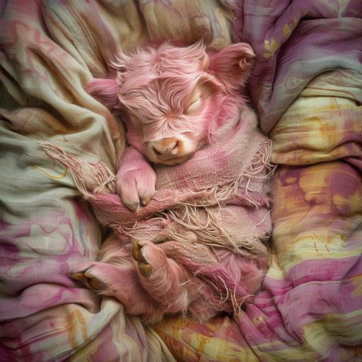 tiny pink highland cow sleeping in the graffiti blanket , fluffy , knolling view by Anne Geddes superb quality photography --v 6.0