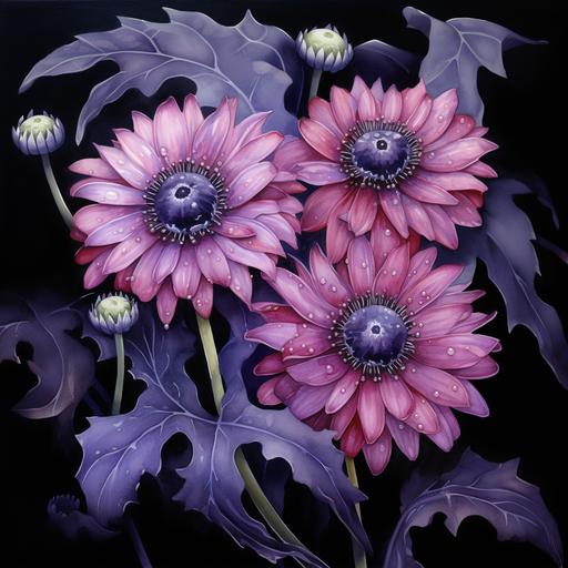 tiny purple ladybugs crawling on Black Metal sunflowers, watercolor sketch, Thomas Kincaid, Mandy Disher