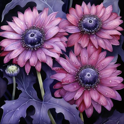 tiny purple ladybugs crawling on Black Metal sunflowers, watercolor sketch, Thomas Kincaid, Mandy Disher
