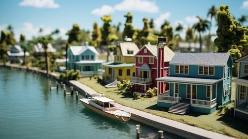 tiny replica scale model of waterfront houses in Florida clear 4k high definition background, Color Film, High-Resolution Post --ar 16:9