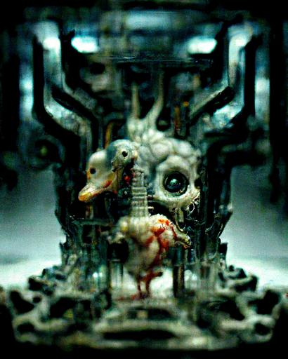 tiny squared enclosed biomechanical environment, duck statues and architecture, throne chamber of a goliath malevolent machine god dragon, hostile atmosphere, deathcore lighting, warped machinery and skeletal formations, cybernetic mutation, epic composition, high detail, futuristic sci fi horror, epic composition, dripping with glistening liquids and highly detailed, deathcore, intricate and terrifying horror art by Akihiko Yoshida, H.R. Giger, and Anthony J Foti --ar 36:43 --quality 5 --v 2