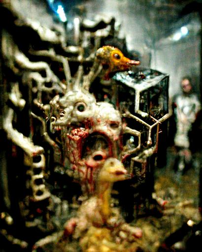 tiny squared enclosed biomechanical environment, duck statues and architecture, throne chamber of a goliath malevolent machine god dragon, hostile atmosphere, deathcore lighting, warped machinery and skeletal formations, cybernetic mutation, epic composition, high detail, futuristic sci fi horror, epic composition, dripping with glistening liquids and highly detailed, deathcore, intricate and terrifying horror art by Akihiko Yoshida, H.R. Giger, and Anthony J Foti --ar 36:43 --quality 5 --v 2