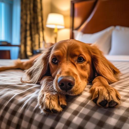 tired dog chilling in a hotel bed