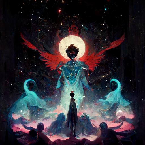 titan prince of mewni, shy and white-skinned, black eyes, red-lipped and long wings boy with planets swirling above his head, soaring into space, holding a crystal scepter in his hand and flying white spirits and black demons around him