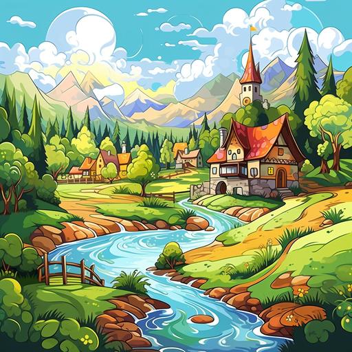 colorfull village, forest in background, river, cartoon style , book for kids,