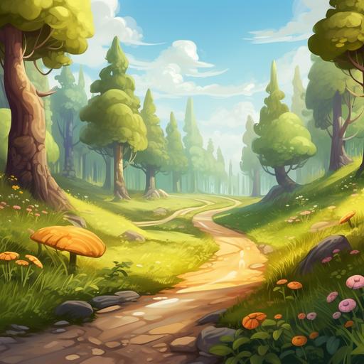 magical forest, road , sunny day, cartoon style , river over the forest, the road entry in the forest