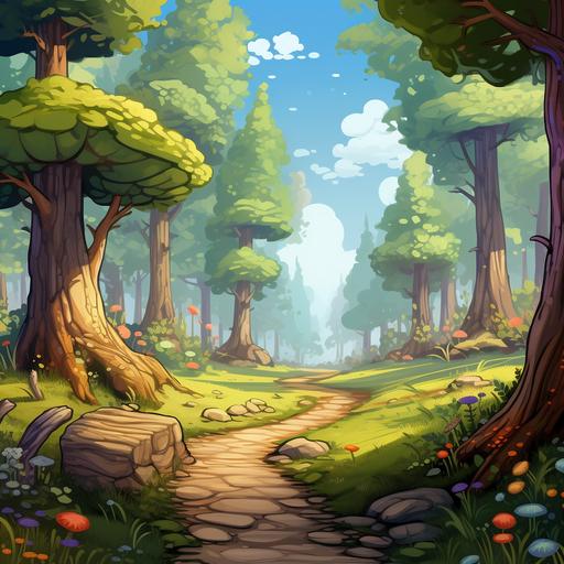 magical forest, road , sunny day, cartoon style , the road entry in the forest, many threes