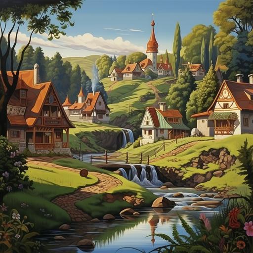 village, forest in background, river, cartoon style, farytale a lot of houses,