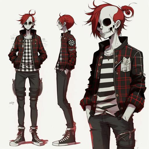 A skeleton with a dark red and white checkerboard bomber jacket and stylish black jeans, character reference sheet, anime style