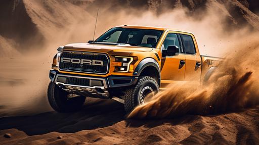 tock code orange generation 3 Ford Raptor with stock decal racing through canyon studio lighting dust flying photograph --ar 16:9