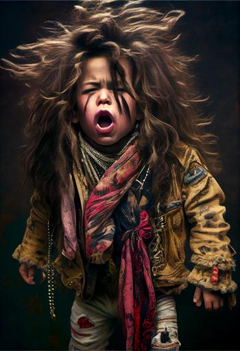 toddler Steven Tyler from Aerosmith as a 5 year old in New York, 1969::3 wearing a colourful patterned silk shirt, long silk scarves around his neck, glam metal costume::3 singing into a hair dryer. baby toddler, steven tyler in outrageous clothes, wearing cuban heels. screaming into a microphone, action shot, camp, outrageous, glam rock, a gang of girls watching in awe::3 photo by annie liebovitz::3 --ar 2:3 --q 2 --v 4 --upbeta
