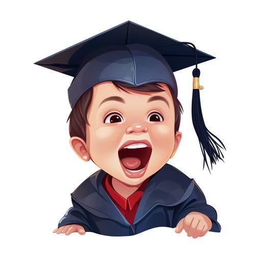 toddler boy wearing graduation cap and laughing, cartoon style logo