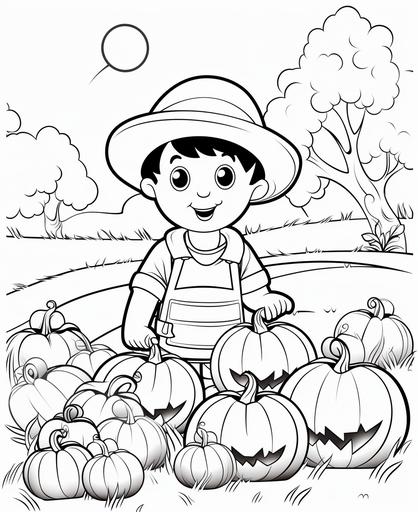 toddler colorng page, in the style of pixar animation, pumpkin patch, black and white, cartoon, simple style --ar 9:11 --no shading