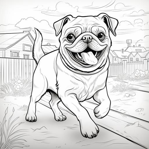 toddlers colouring in page happy pug dog walking cartoon style thick lines low detail no shading ar 9:11