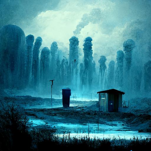 toilet blue scene dystopian landscape monster