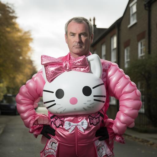 tokusatsu of a middle aged British man wearing a hello kitty costume