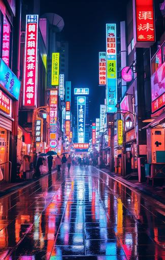 tokyo skyline neon street signs in japanese writing wet streets shops skyline slight manga style --ar 383:604