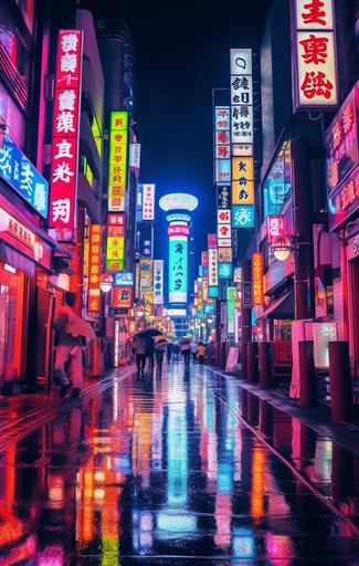 tokyo skyline neon street signs in japanese writing wet streets shops skyline slight manga style --ar 383:604