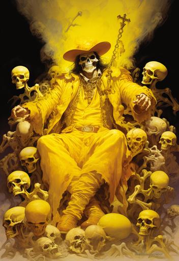 1970s dark fantasy book illustration art frazetta-style drawing of charlie day in a bright yellow suit and yellow tophat, with bones and skulls piled up around him --ar 11:16