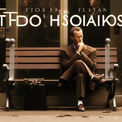 tom hanks, box of chocolates, titular character, seating in a bench, Low IQ, Success, Heartwarming, film poster, 4k
