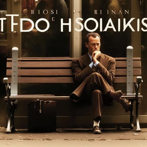 tom hanks, box of chocolates, titular character, seating in a bench, Low IQ, Success, Heartwarming, film poster, 4k