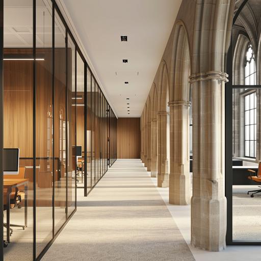 new contemporary office in historic collegic gothic university building. perspective image of corridor lined with office and open work area in the foreground. low white plaster flat ceilings, glass office partitions with black frames, recessed lighting, natural light, oak wood panelling, white plaster walls, oak wood walls floor to ceiling, terrazzo floors with orange, white and grey colours. Modern herman miller furniture, light grey carpet in offices. office lounge area in foreground.