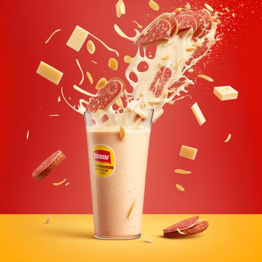 tomato parts and thin slices of salami and little blocks of yellow cheese falling into a vanilla milkshake in a transparent cup creating a big splash coming out of the cup, advertisement, mcdonalds style, warm red and yellow background, ultra detailed, ultra realistic, 8k, photograph, a tomato and thin slices of salami in the foreground, --no hamburger, --no cherry, --v 4